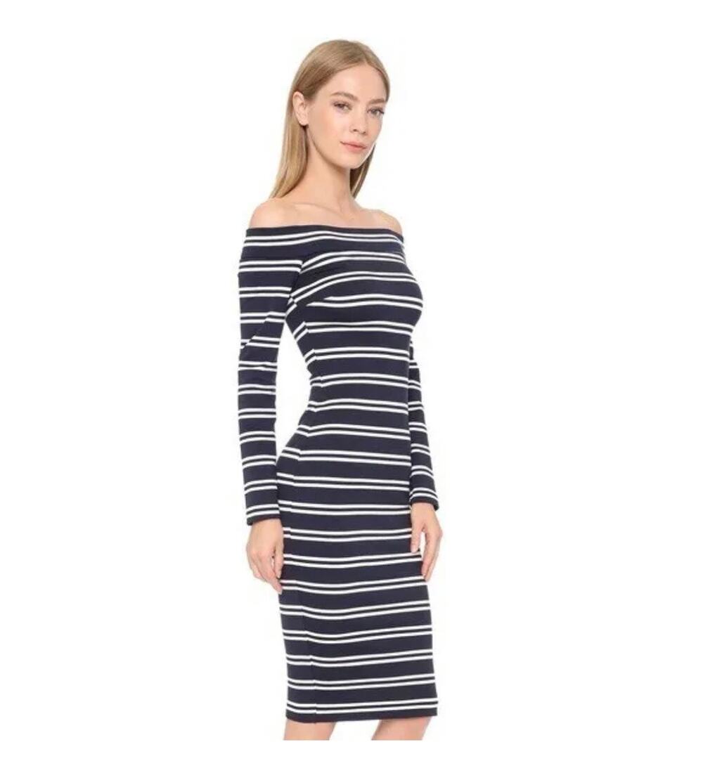 Bec & Bridge Ahoy Long Sleeve Off the Shoulder Midi Dress in Ink Stripe Size 8
